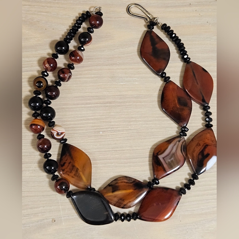 AGATE BLACK ONYX CRYSTALS DOUBLE STRAND PEWTER CLASP STERLING NECKLACE